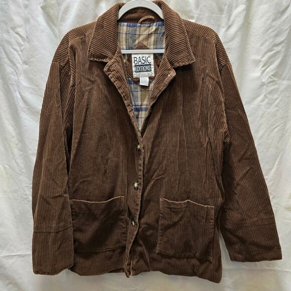 Vintage Basic Editions brown corduroy long sleeve plaid flannel chore jacket M